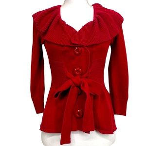 JONI B PETITE Red Sweater Cardigan with Ruffle and Tie Size PS